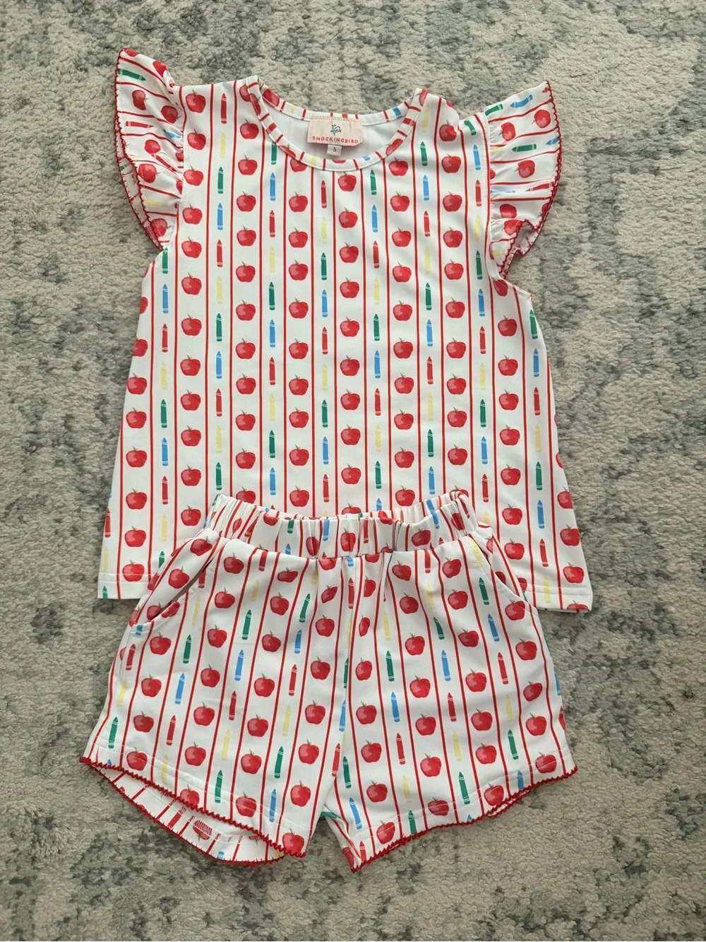 Smockingbird: Candy Apple Stripe Girls' Pajama Set - White & Red